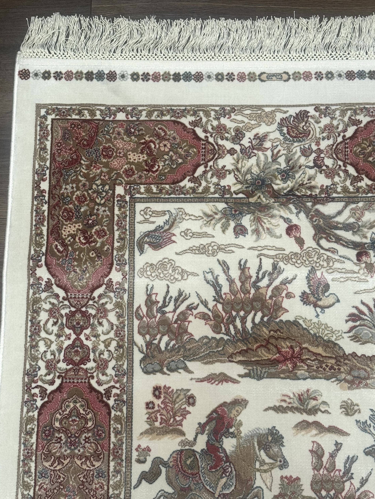 Turkish Silk Runner Rug 2.6 x 8, Hunting Design, Ivory, Bamboo Silk, New - Jewel Rugs, view 7