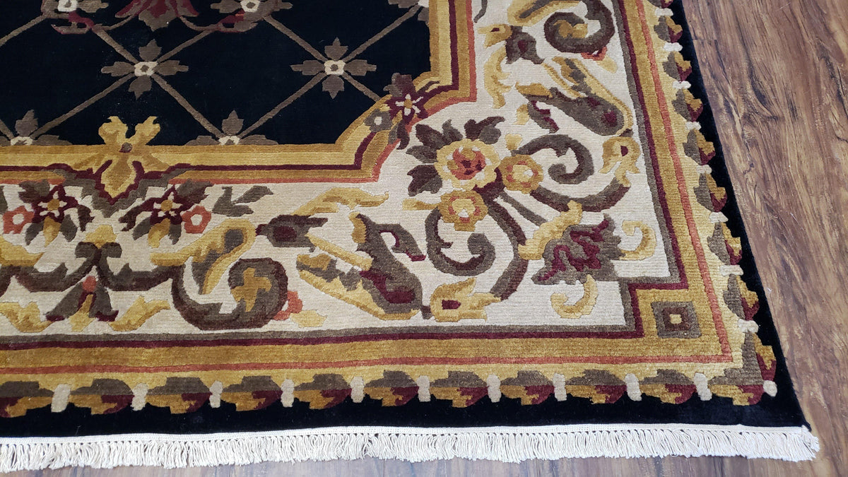 Nepal Rug 6x9, Nepalese Aubusson Area Rug 6 x 9, Hand-Knotted Wool Soft Pile Black & Beige Tibetan Aubusson New Carpet European Savonnerie - Jewel Rugs, view 10
