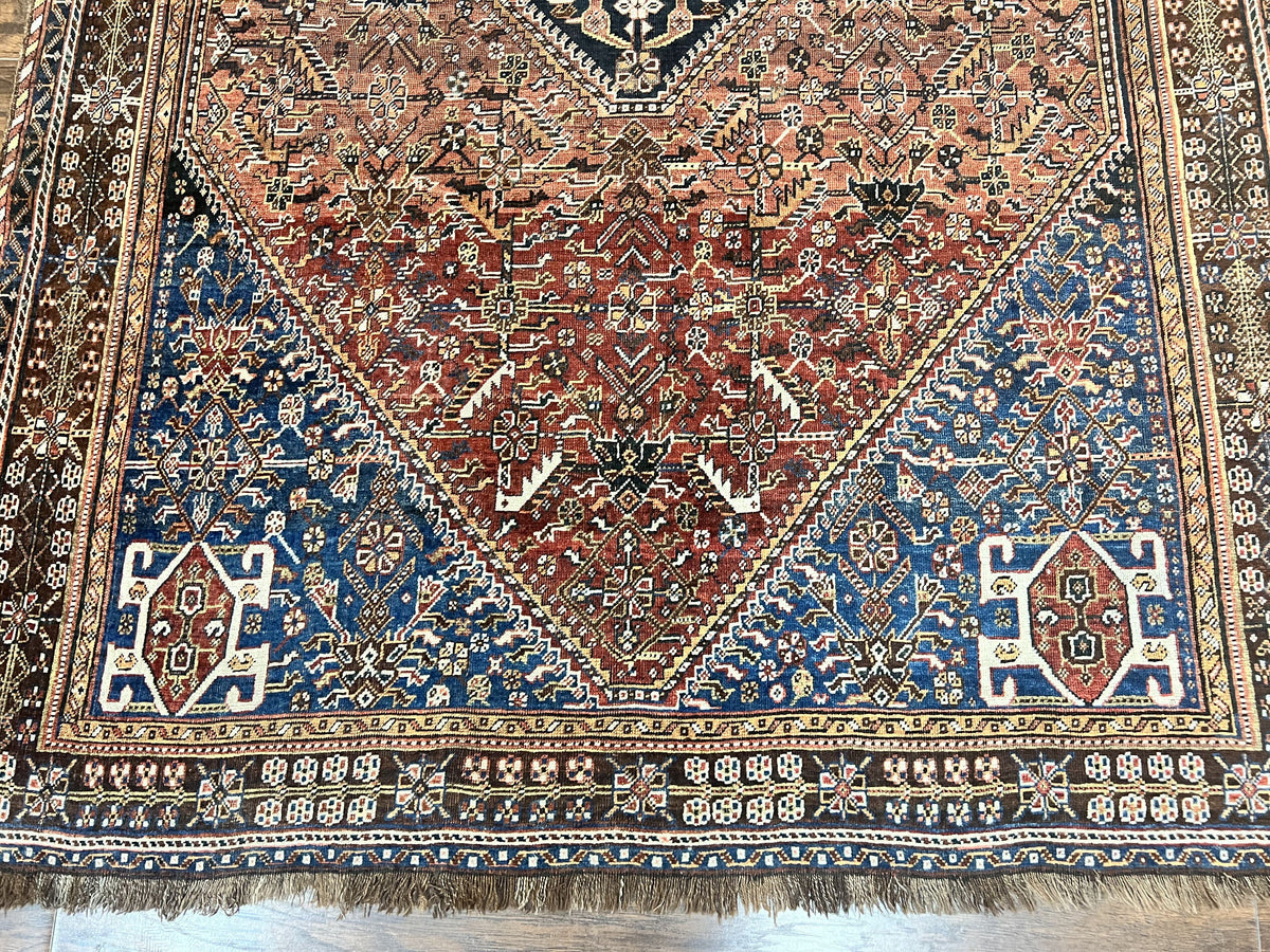 Antique Persian Shiraz Tribal Rug 6x8, Geometric Rug, Wool Handmade Hand Knotted Carpet, Red Blue - Jewel Rugs, view 5
