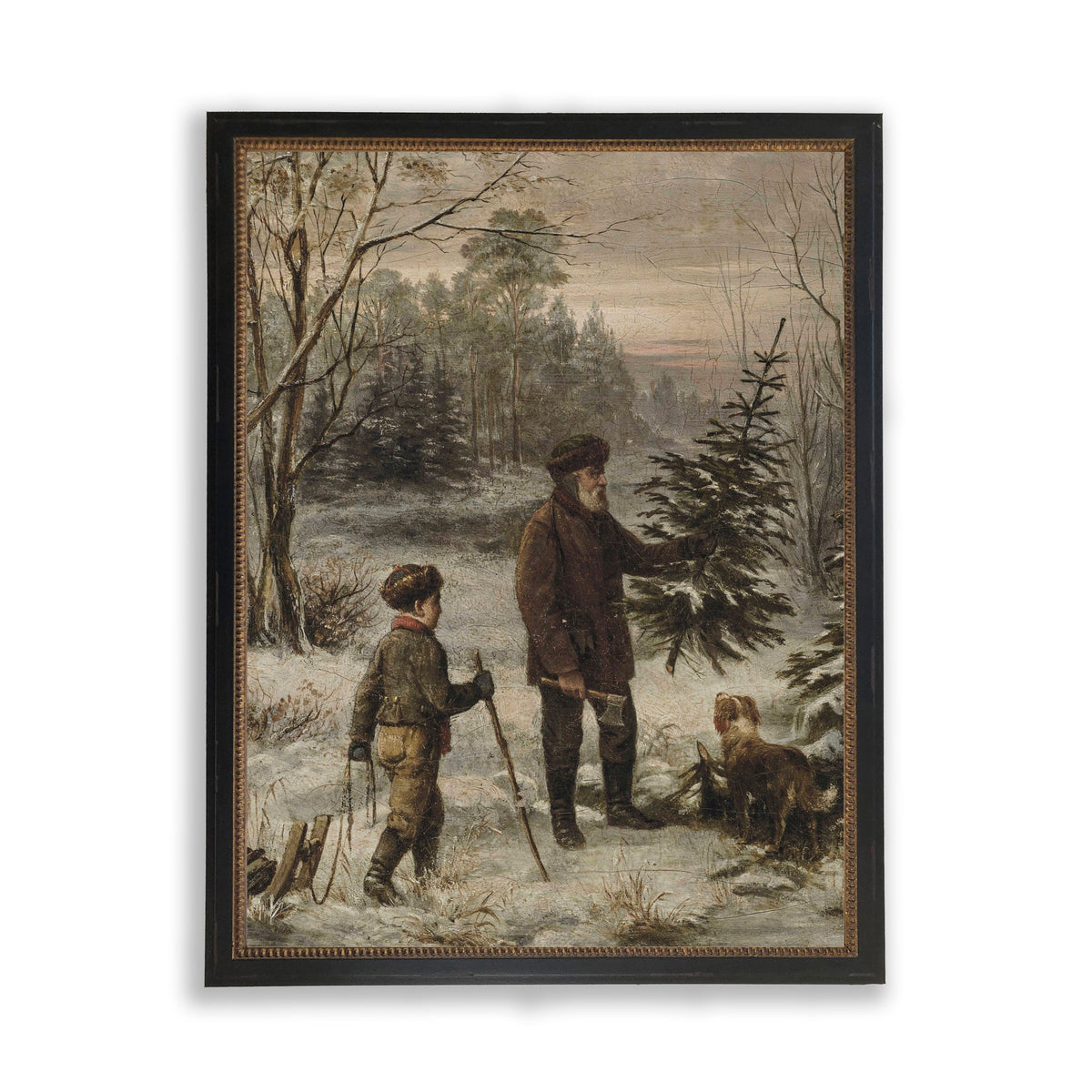 Vintage Oil Painting Reproduction of Man, Dog & Boy Finding Christmas Tree - Antique Curiosities