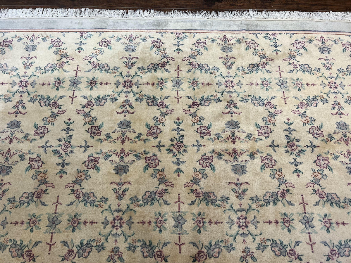 Sino Persian Rug 8x10, Floral, Oatmeal and Light Teal, Handmade Wool Vintage Carpet - Jewel Rugs, view 4