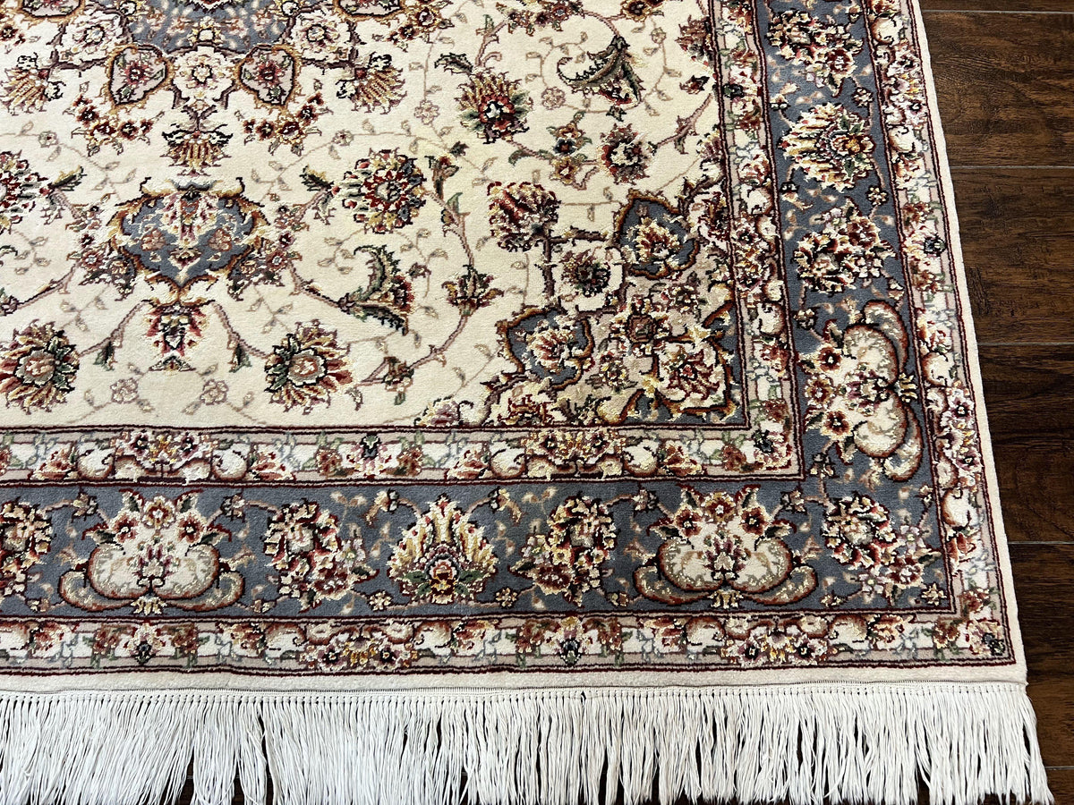 Sino Persian Square Rug 5x5, Very Fine Oriental Carpet, Wool & Silk Highlights, Ivory, Hand Knotted Handmade Vintage Traditional Rug - Jewel Rugs, view 10