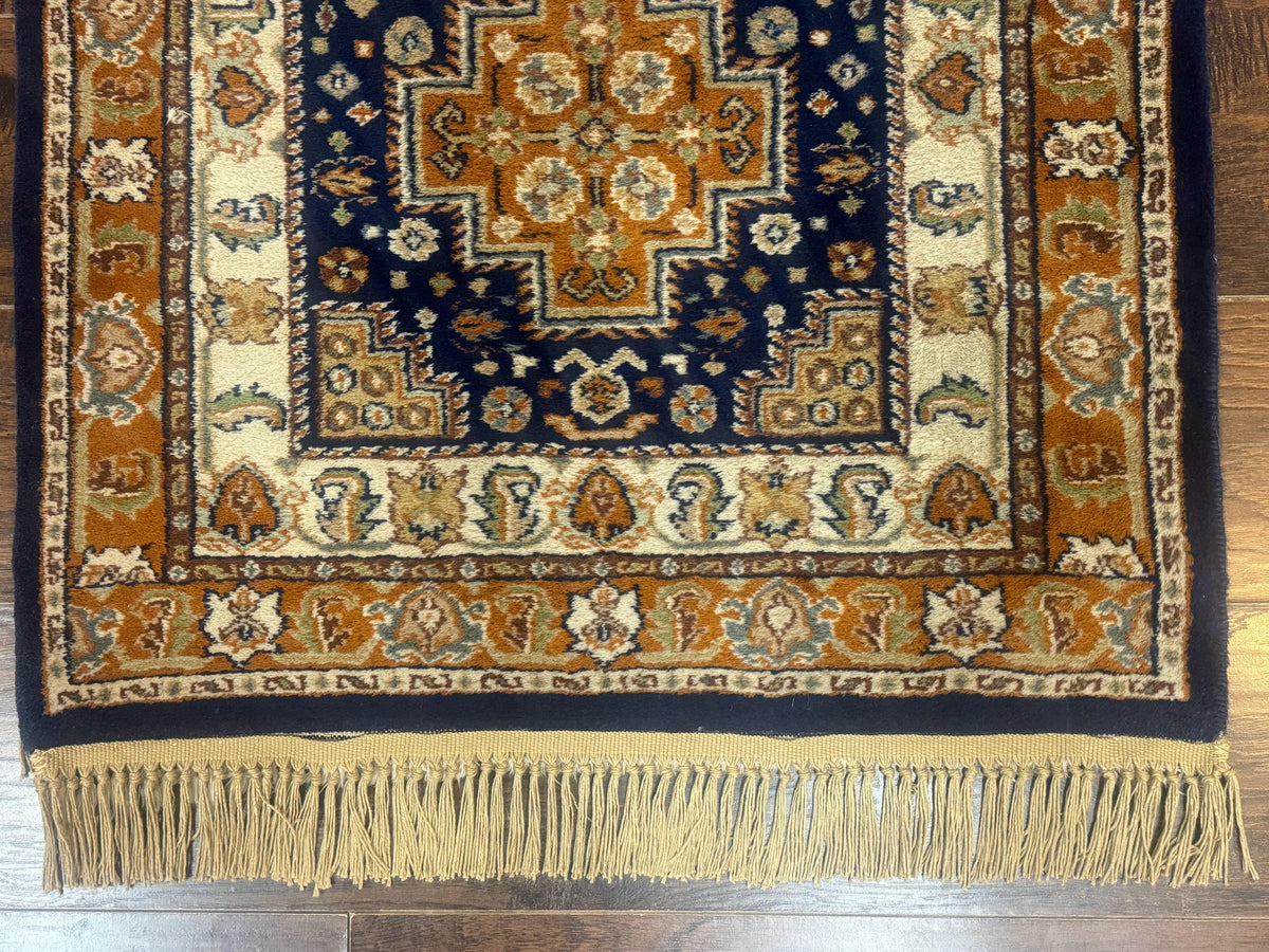 Indo Persian Runner Rug 2.6 x 12.7, Indian Kashmiri Runner for Hallway or Kitchen, Navy Blue, Geometric Medallions, Handmade Wool - Jewel Rugs, view 8