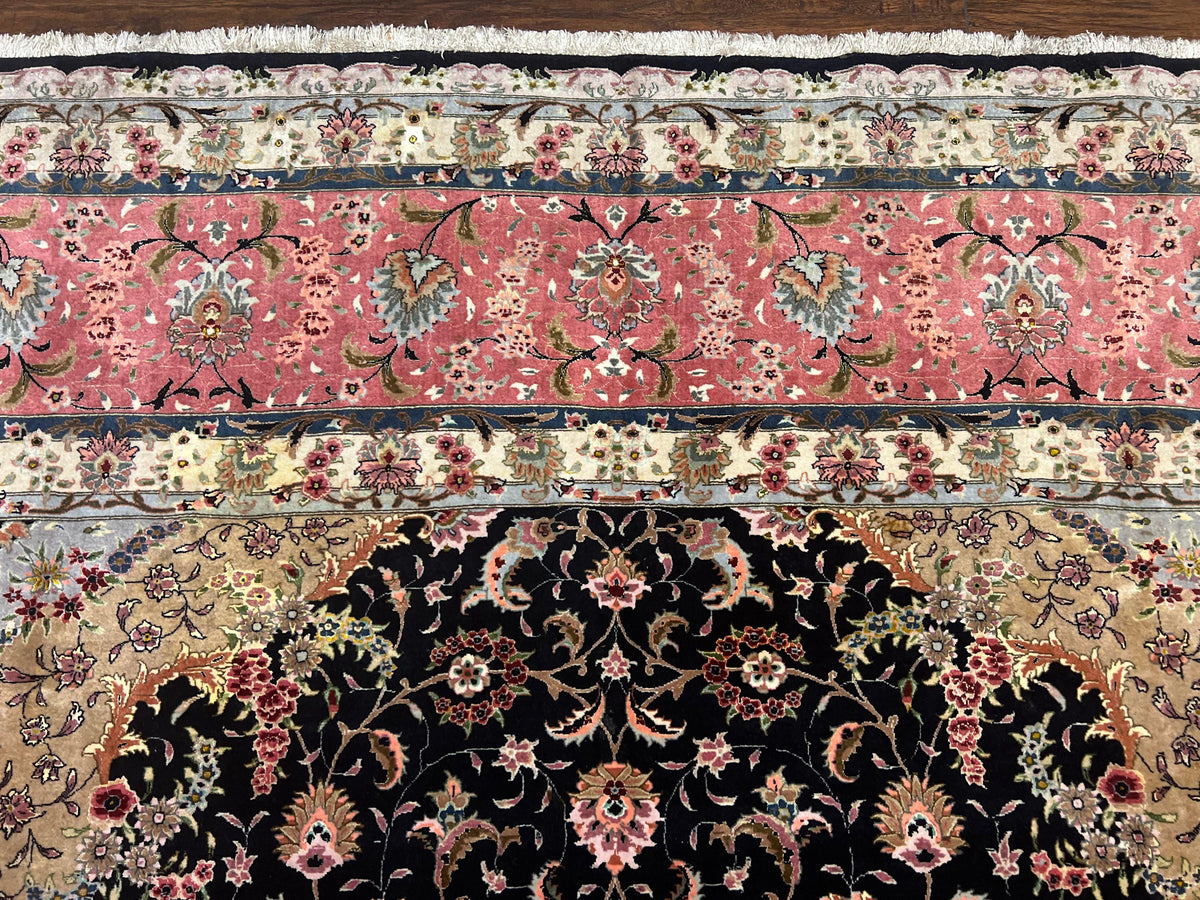 Magnificent Persian Tabriz Rug 11x16, Oversized Persian Carpet 11 x 16 ft, Wool on Silk Finely Hand Knotted, 450 KPSI, Floral Medallion, Black Pink - Jewel Rugs, view 3