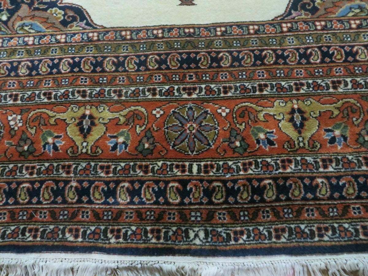 Indo Persian Rug 9x12, Semi Open Field Medallion, Ivory Tomato Red Navy Blue, Hand Knotted Indian Oriental Wool Carpet 9 x 12 ft, Room Sized - Jewel Rugs, view 6