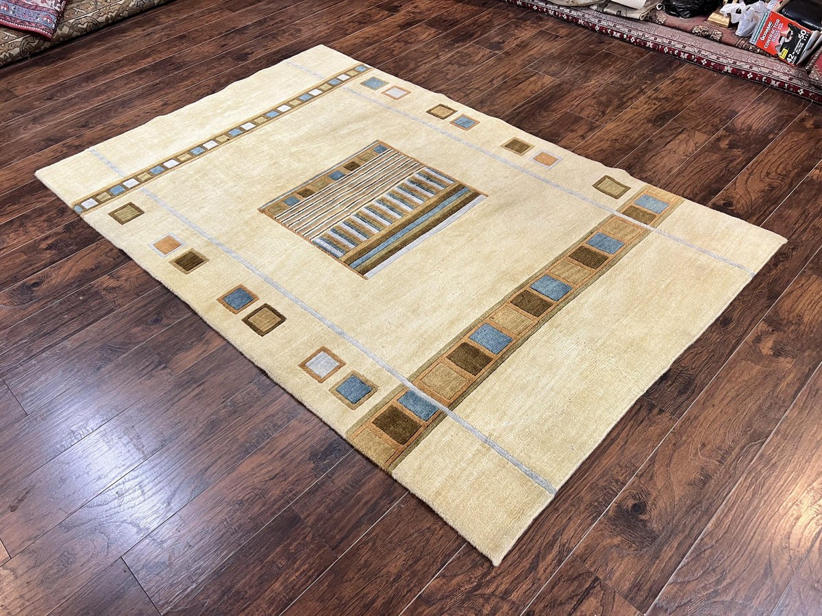 Tibetan Rug 5x8, Contemporary Rug 5 x 8 ft, Cream Brown Blue Hand-Knotted Wool w/ Silk Highlights Tibetan Carpet, Modern Rug - Jewel Rugs, view 13