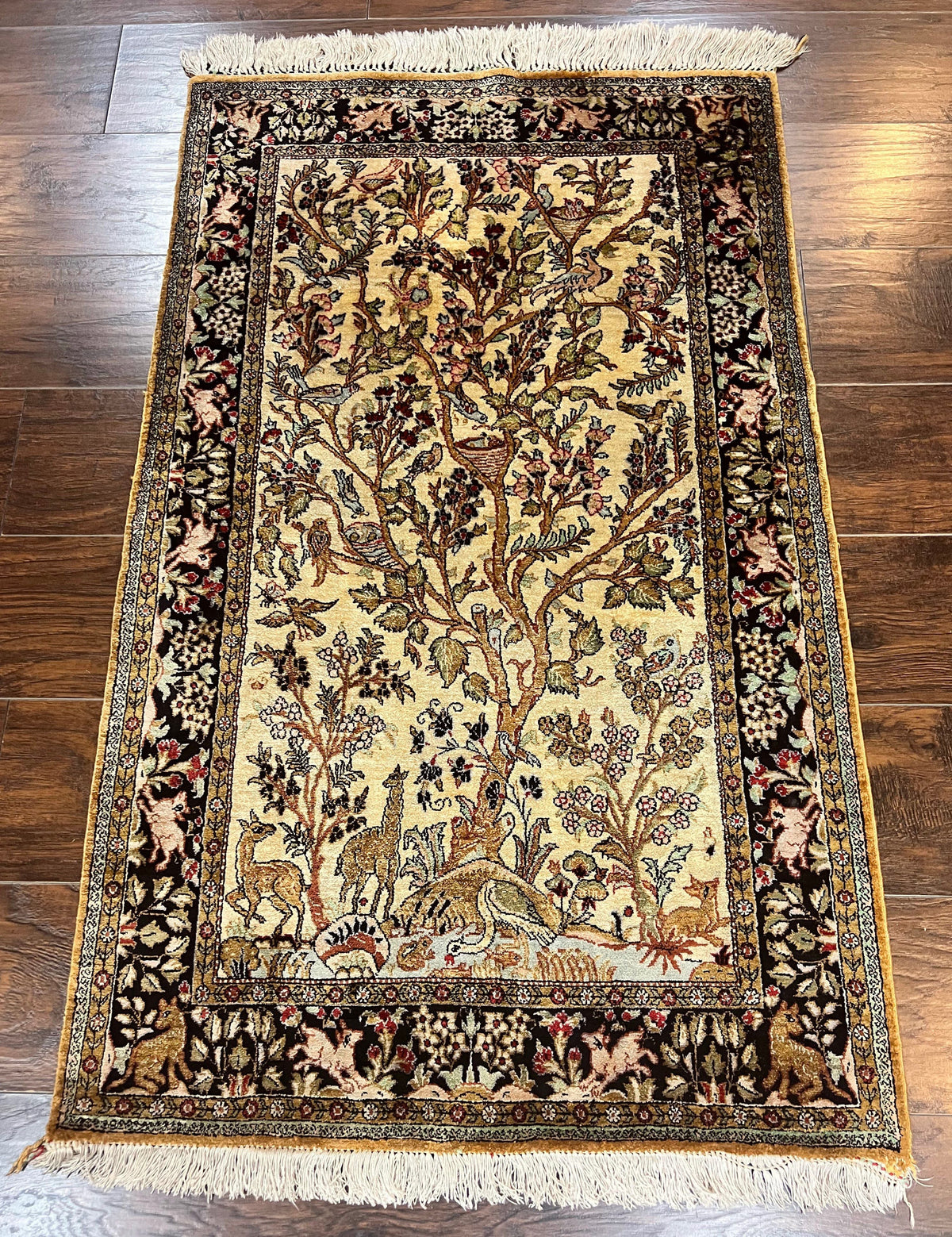 Silk Tree of Life Persian Qum Rug 3x4, Hand Knotted Vintage Carpet, Cream & Black, Very Fine Oriental Rug, Animal Pictorials, Birds - Jewel Rugs, view 2