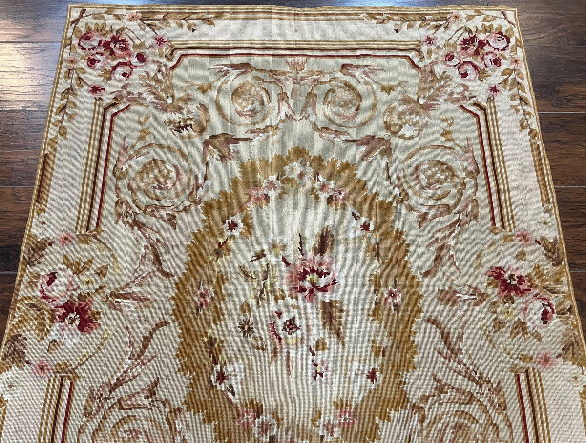Aubusson Needlepoint Rug 4x5 ft, Beige and Tan, Aubusson Savonnerie Vintage Carpet, Handwoven Handmade Wool Rug, European Design Floral Rose - Jewel Rugs, view 4