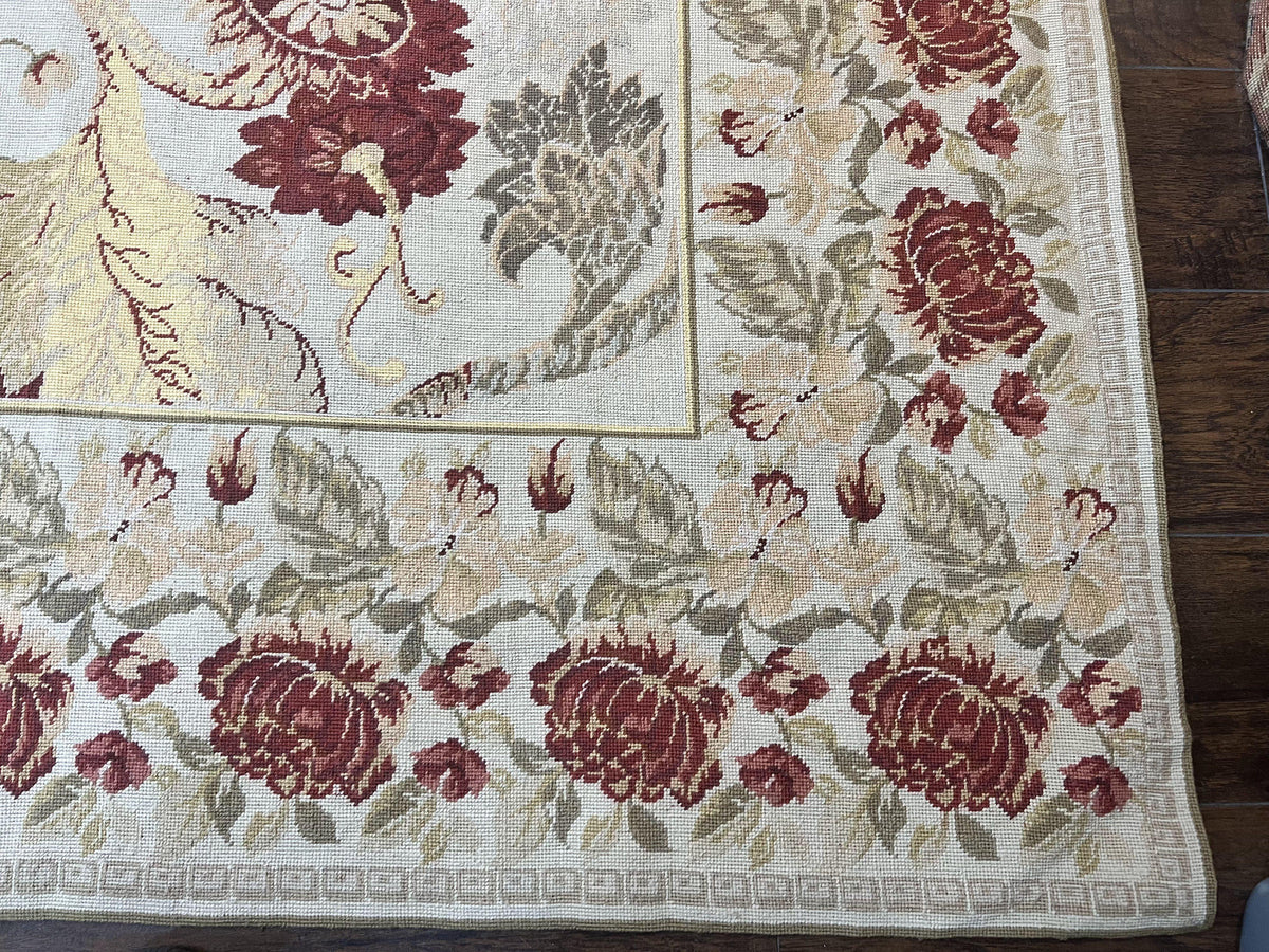 Extra Large Needlepoint Rug 14 x 20, Vintage Handwoven Handmade Wool Flatweave Carpet, Allover Floral Pattern, Elegant European Deisgn Rug - Jewel Rugs, view 9