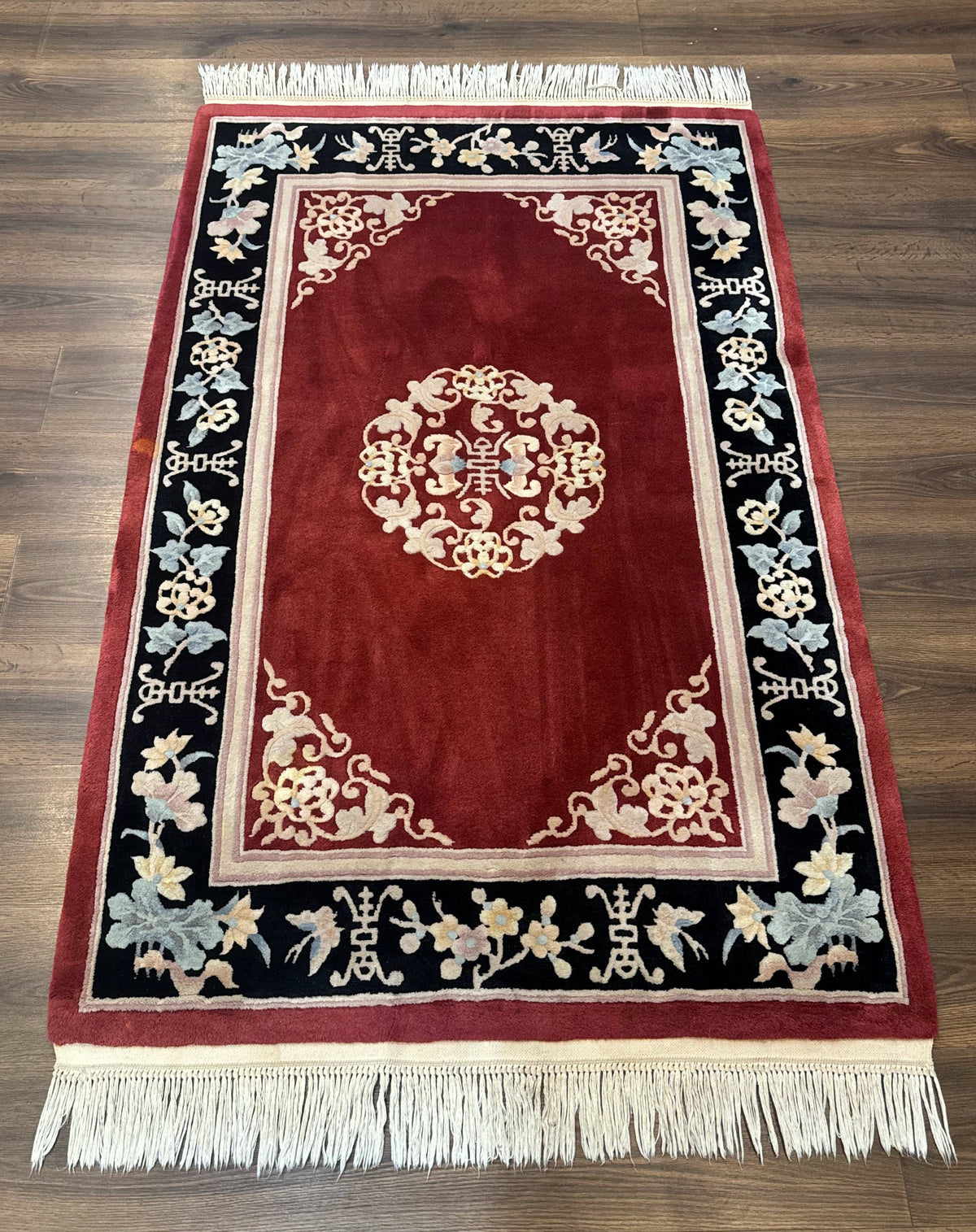 Chinese Wool Rug 4x6, Maroon and Black, Butterflies, Chinese Oriental Carpet, 90 Line Rug - Jewel Rugs, view 2