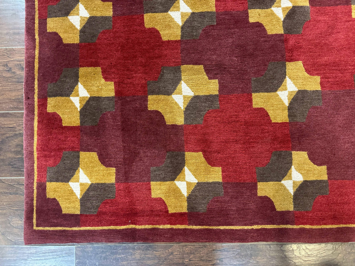 Modern Tibetan Rug 5 x 6.8, Wool, Red, Allover Pattern, Nepali Rug, Abstract Rug, Handmade Area Rug - Jewel Rugs, view 8