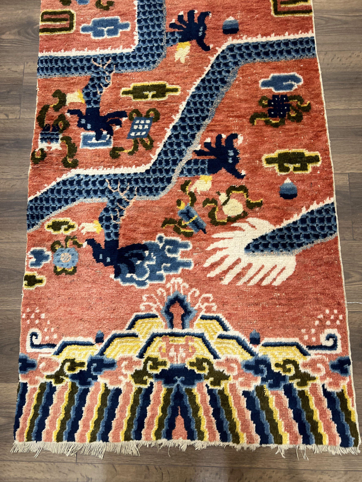 Rare Chinese Ningxia Pillar Rug 3x8, Late Qing Dynasty, 5 Clawed Dragon, Cloud Rainbow Border, Collectible Antique Carpet, Wool Hand Knotted - Jewel Rugs, view 8