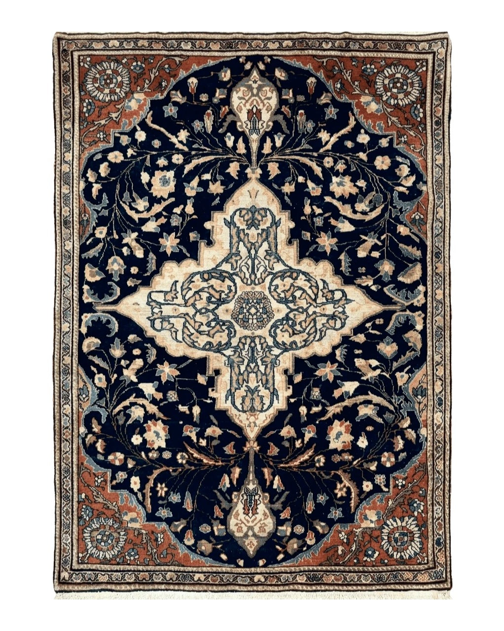 Antique Persian Rug 3.5 x 5, Sarouk Farahan Rug, High Quality 1920s Fine Oriental Carpet 3 x 5 ft, Large Medallion, Floral, Navy Blue Red, Hand Knotted Wool Rug - Jewel Rugs