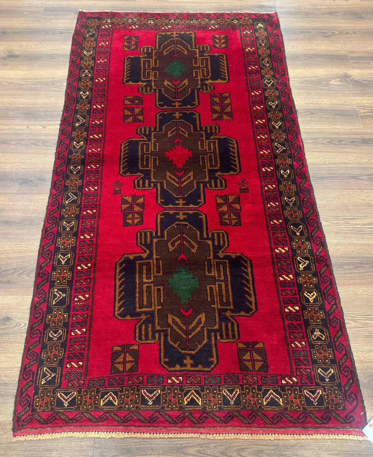 Red Afghan Balouch Rug 4x7, Triple Medallions, Handmade, New - Jewel Rugs, view 2