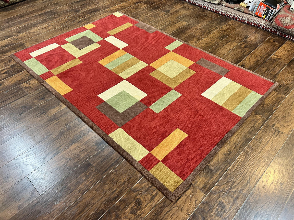 Indo Tibetan Modern Rug 5x8, Abstract Rug 5 x 8 ft, Red Multicolor Wool Handmade Contemporary Area Rug - Jewel Rugs, view 13