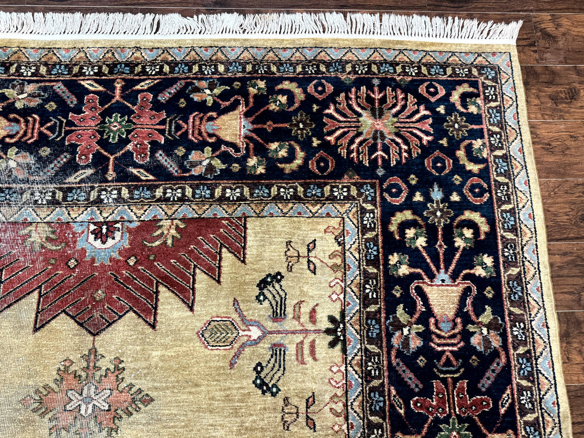 Indo Persian Heriz Rug 8x12, Camel Hair Tan and Navy Blue, Decorative - Jewel Rugs, view 8