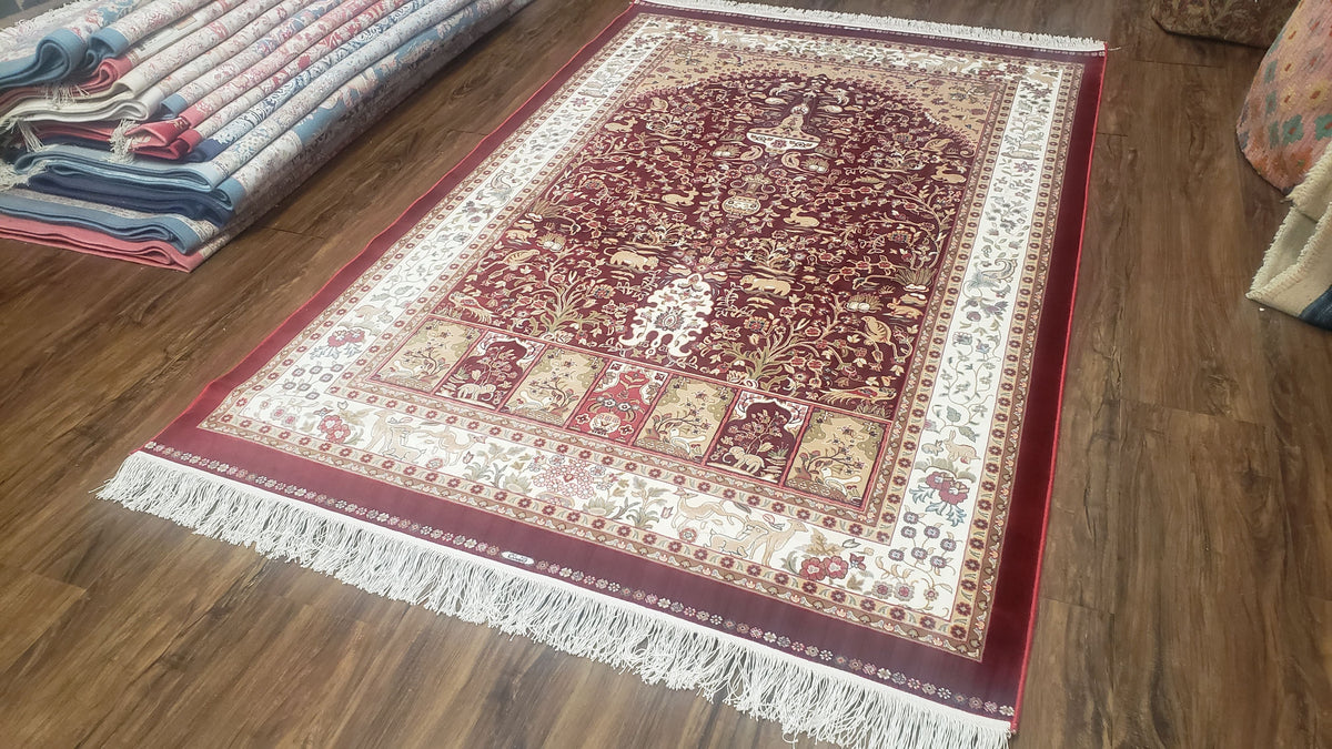 Silk Carpet 4x6 Dark Red & Cream, Tree of Life Rug, Animal Motifs, Birds Deer Rabbits, All Bamboo Silk, 4 x 6 Silk Area Rug - Jewel Rugs, view 13