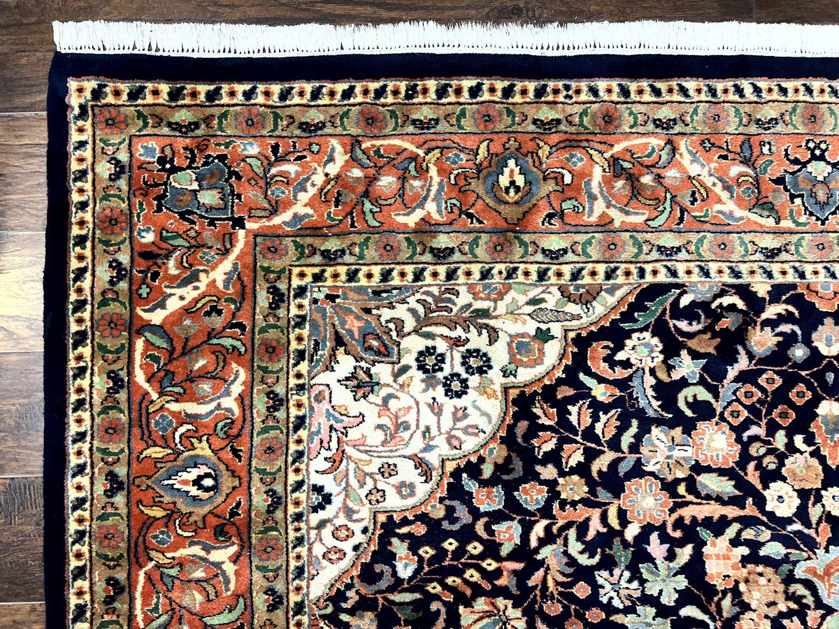 Indo Persian Rug 8x10, Midnight Blue & Red, Handmade Vintage Wool Carpet, Floral Medallion - Jewel Rugs, view 7