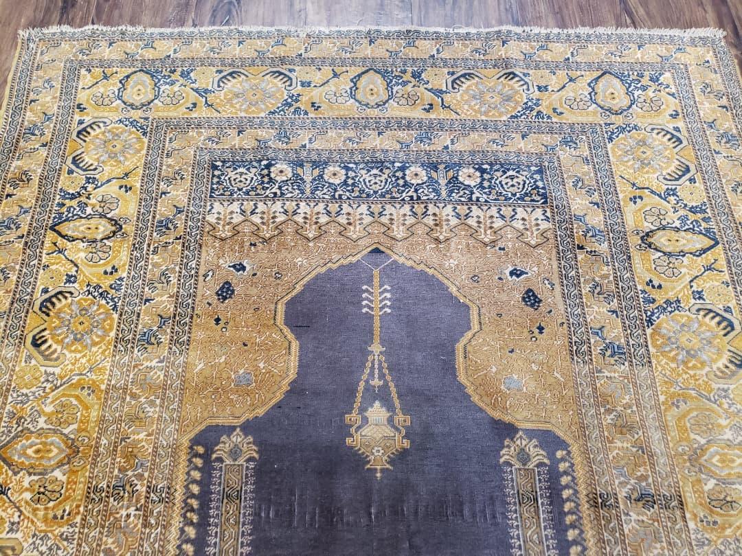 Rare Turkish Ghiordes Prayer Rug 4 x 5.8 ft, Late 19th Century Turkish Oriental Carpet, Mehrab Antique Prayer Rug, Museum Quality, Blue, Tan - Jewel Rugs, view 4
