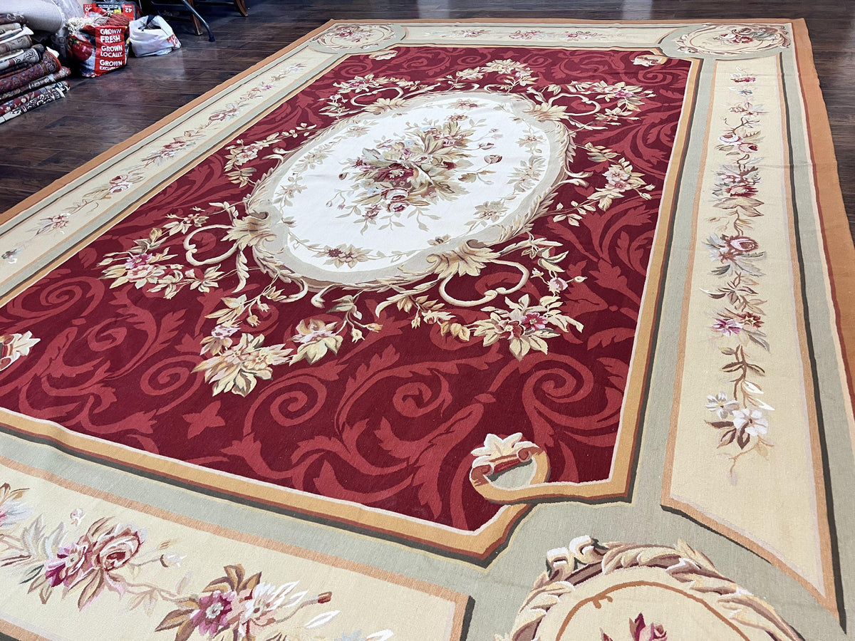 Large Aubusson Rug 10x14, Wool Handmade Vintage Carpet, Dark Red Ivory Tan, French European Elegant Aubusson Weave Rug - Jewel Rugs, view 3