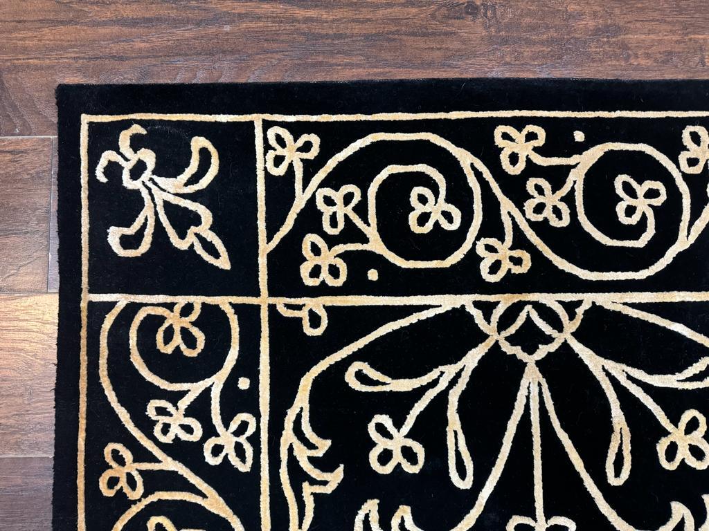 Tibetan Rug 8x10, Wool and Silk, Raised Pattern, Black and Gold, Floral - Jewel Rugs, view 7