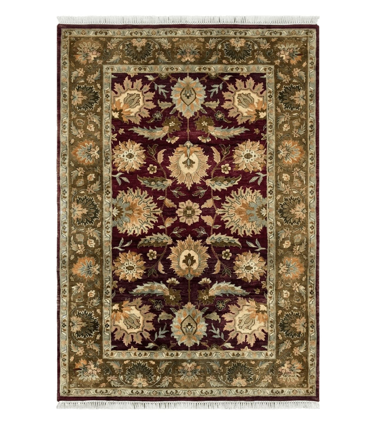 Indo Mahal Rug 6x9, Large Flowers Allover, Maroon and Green, Handmade Wool Area Rug, Vintage Rug, Indian Oriental Carpet, Hand Knotted Rug - Jewel Rugs