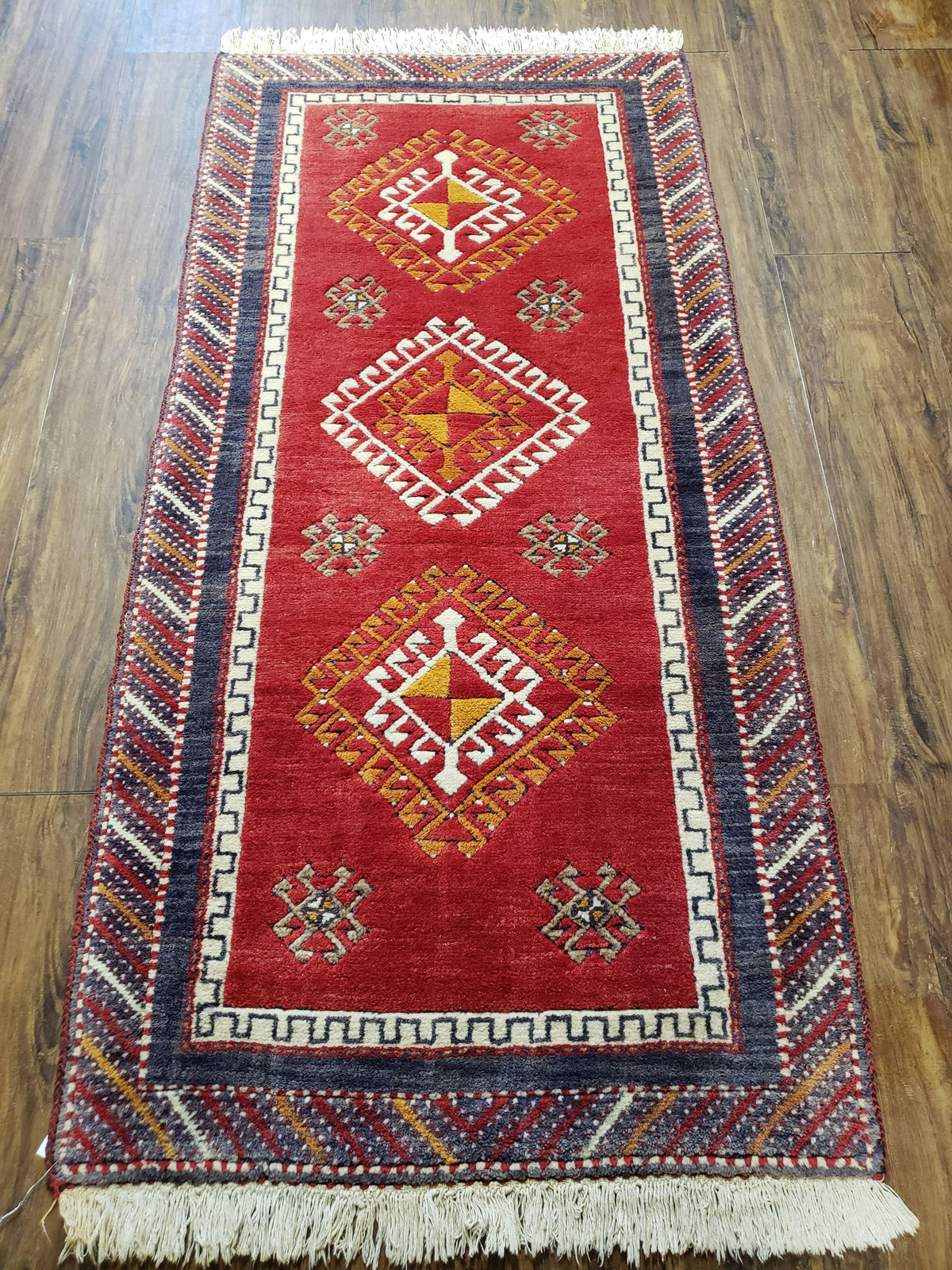 Vintage Turkish Kazak Rug 2.5 x 5 Red Wool Carpet Medallions Runner Geometric - Jewel Rugs, view 2