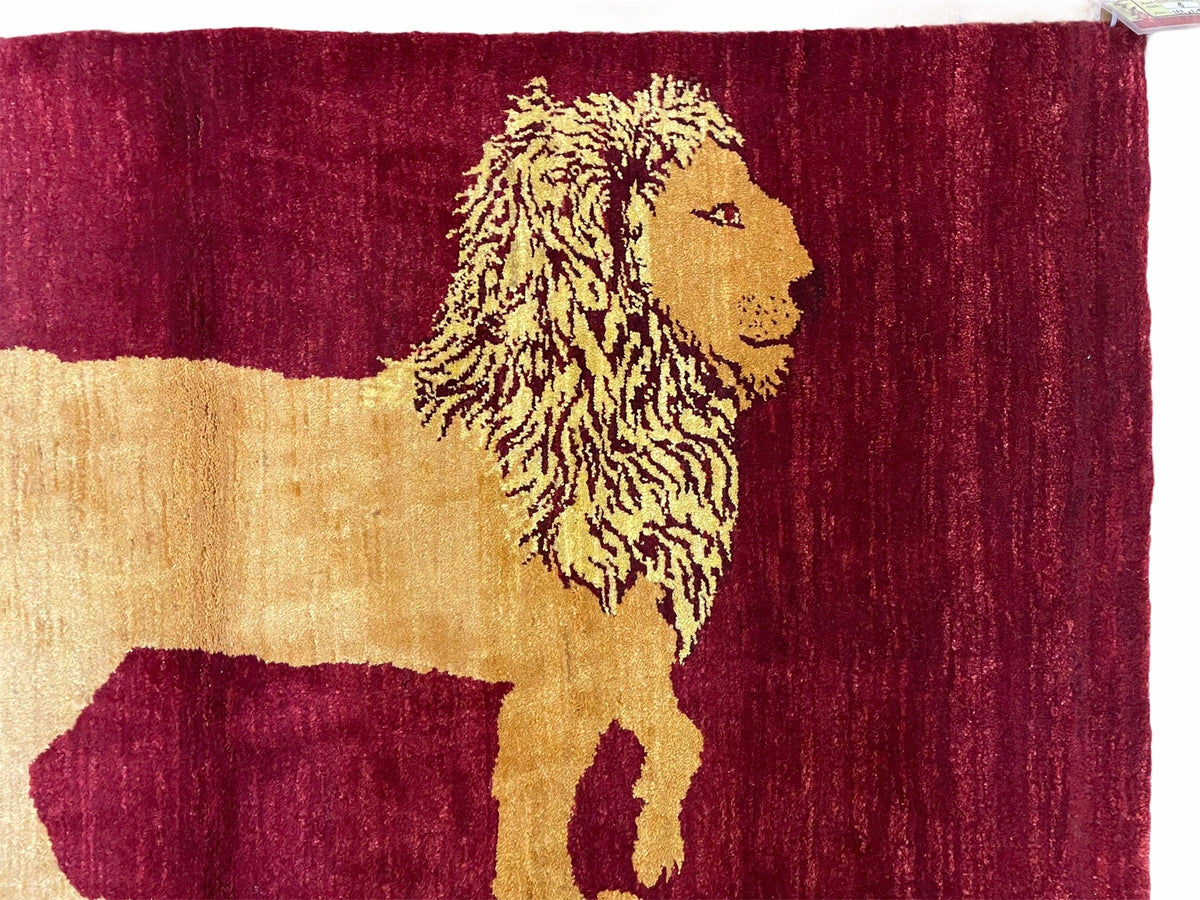 3.5 X 5 Handmade Rug Vintage New Rug Quality Wool Lion Red Veggy Dyes Pictorial - Jewel Rugs, view 6