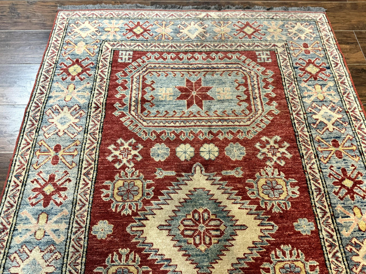 Turkish Kazak Rug 4x6, Handmade Vintage Wool Carpet, Geometric Design, Red and Light Blue - Jewel Rugs, view 5