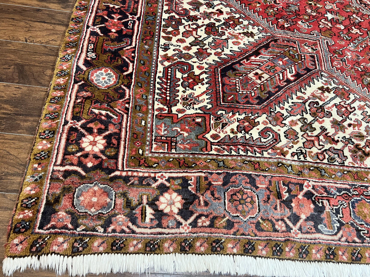 Large Persian Heriz Rug 10x13, Wool Hand Knotted Antique Carpet, Red and Ivory, Geometric Tribal Room Sized Rug, Decorative Oriental Rug - Jewel Rugs, view 9