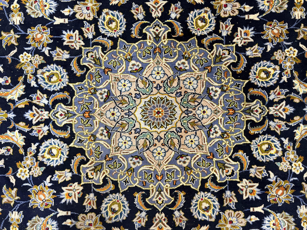Wonderful Navy Blue Persian Kashan Rug 11x13, Allover Floral Design with Central Medallion, Wool Hand-Knotted Antique Carpet, Signed Rabani Rug - Jewel Rugs, view 5
