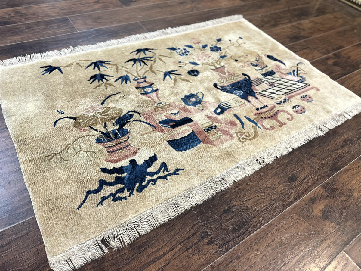 Chinese Rug 5x3, Horizontal Rug, Vases Flowers, Handmade Antique Vintage Carpet, Peking Rug, Chinese Wool Rug - Jewel Rugs, view 12