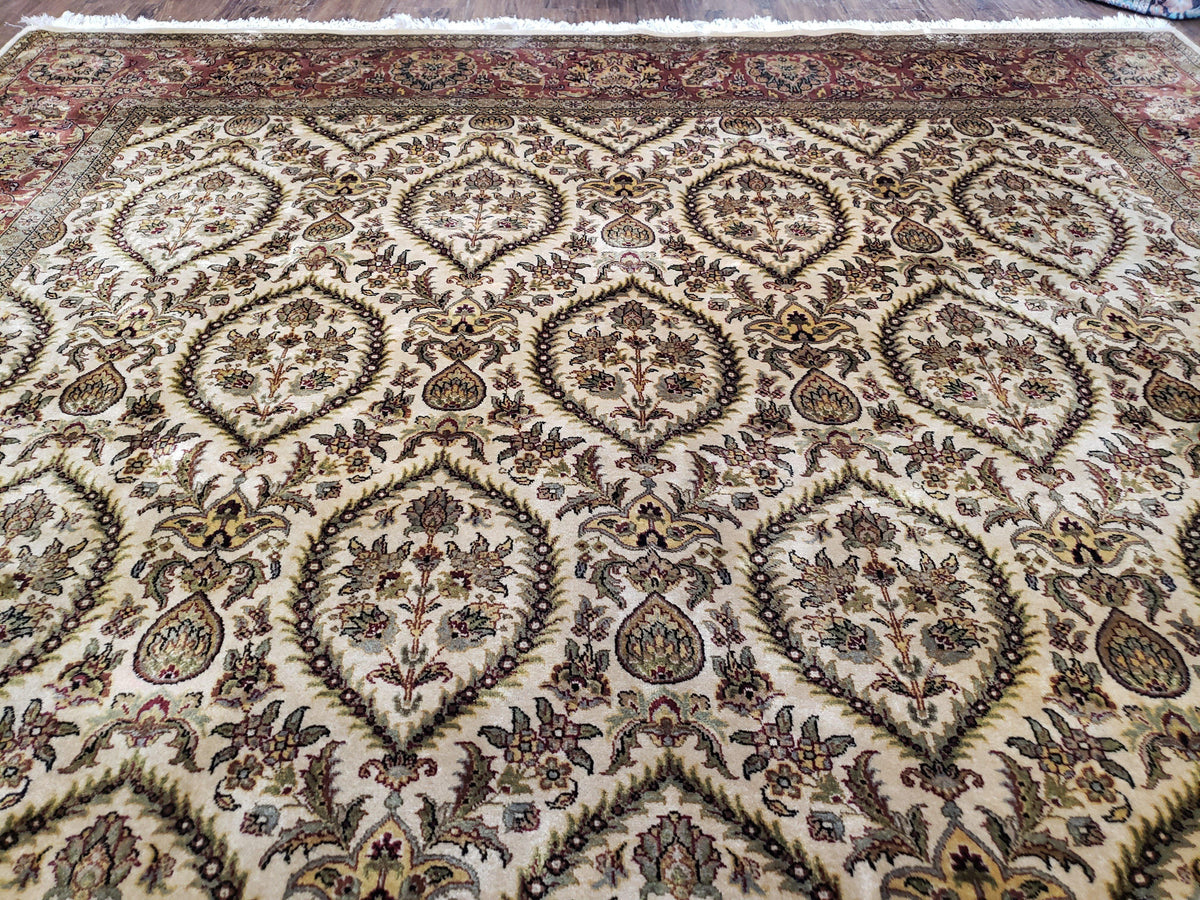 Vintage Indo Persian Area Rug 9x12, Wool Hand-Knotted Ivory & Dark Red Oriental Carpet, Fine Weave 9 x 12 Indian Rug, Dining Room Rug - Jewel Rugs, view 12