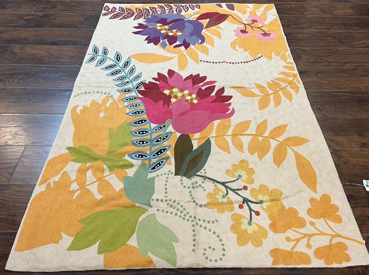 Indian Chain Stitched Rug 4x6, Hand Stitched Indian Embroidery Carpet, Large Floral Design, Contemporary, Cream and Colorful Flowers, Wool - Jewel Rugs, view 2