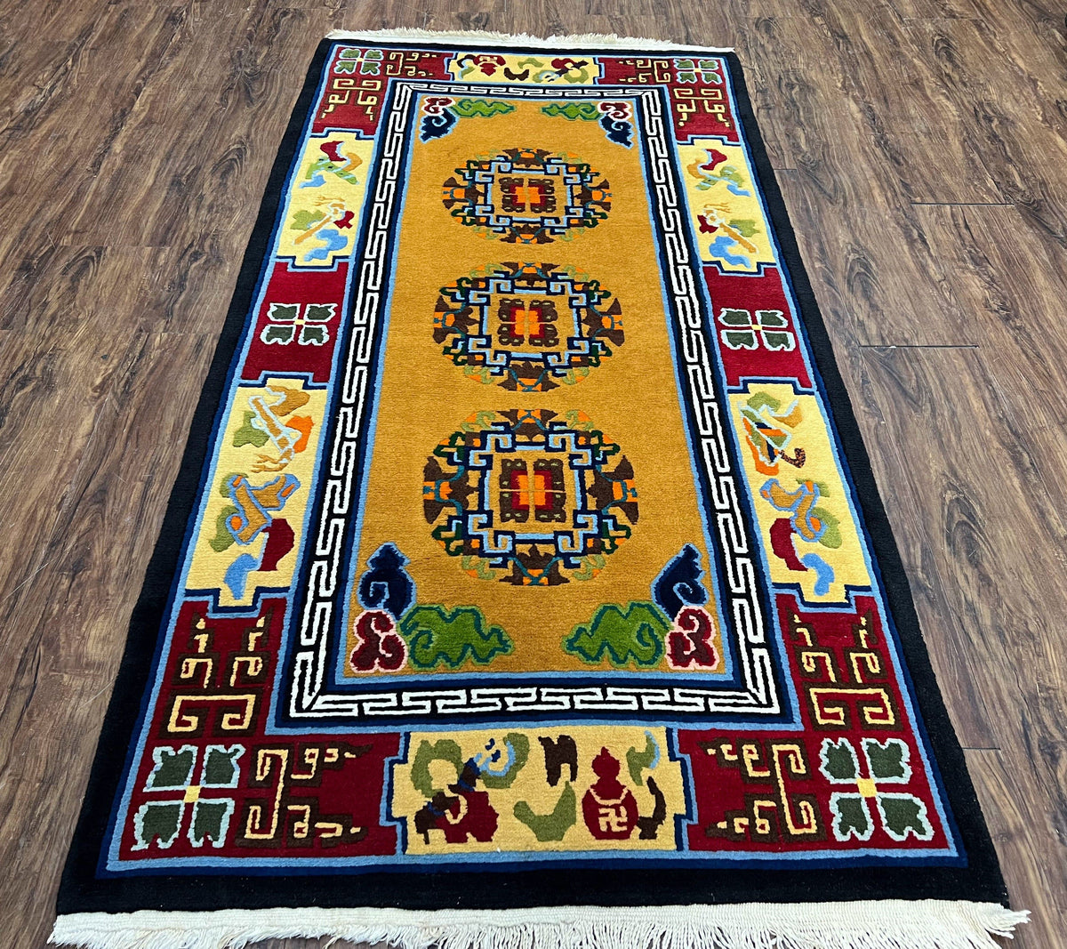Vintage Chinese Art Deco Rug 3x6, Orange Dark Blue Maroon Chinese Peking Carpet, Asian Oriental Wool Rug, Bold Colors, Bedroom Rug, Hallway - Jewel Rugs, view 2