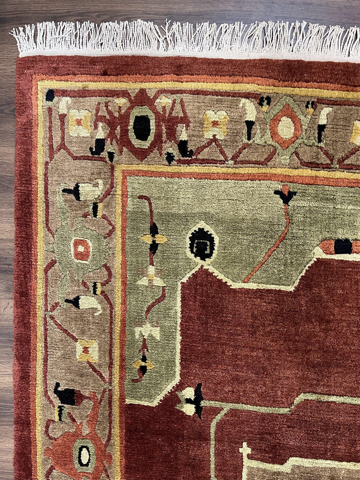 Tibetan Rug 7x10, Geometric Medallion, Red Green Taupe, Hand Knotted, Soft Wool Area Rug, Contemporary Carpet, Handmade Nepali Rug 7 x 10 ft - Jewel Rugs, view 7