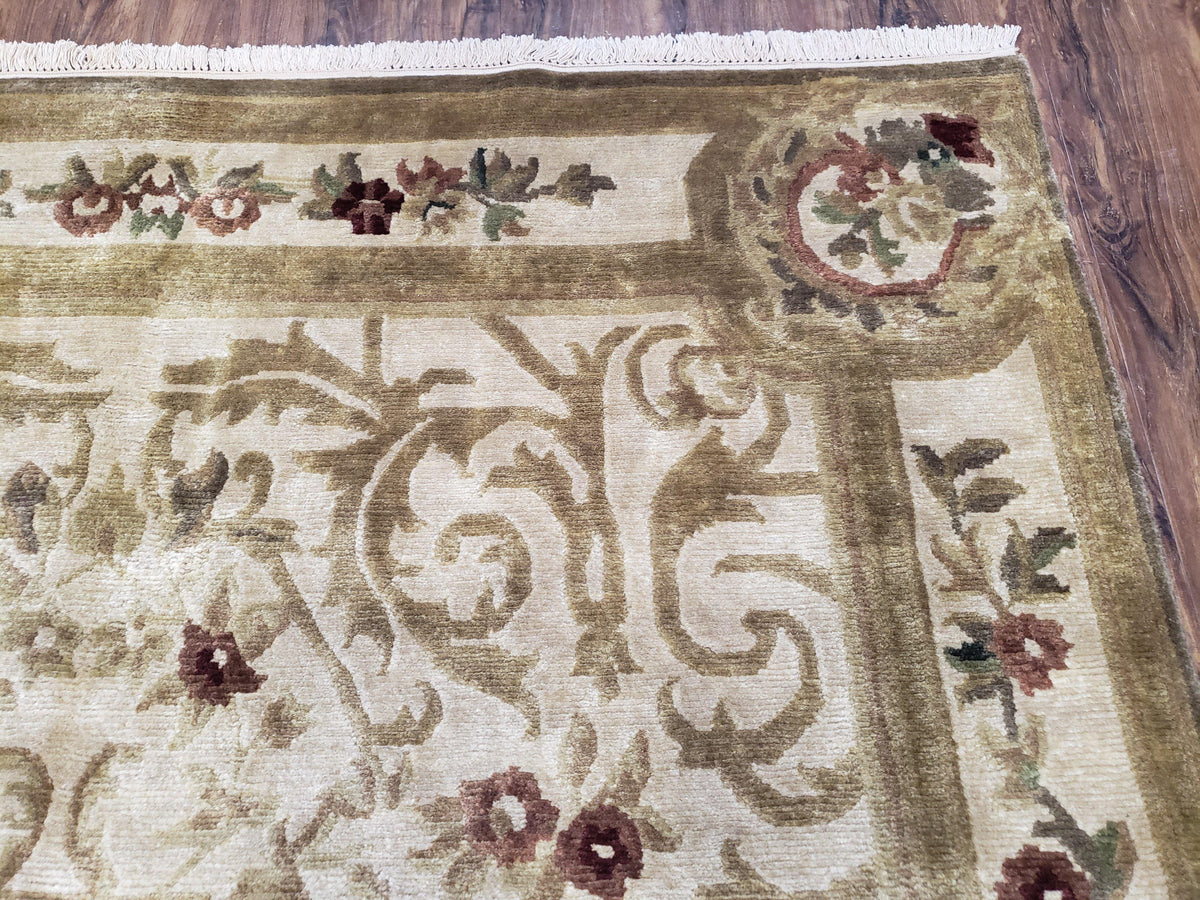Vintage Nepali Tibetan Aubusson Rug 6x9, Wool Hand-Knotted Cream Beige Carpet, Leaves & Floral Pattern 6 x 9 Soft Area Rug Home Office Rug - Jewel Rugs, view 8