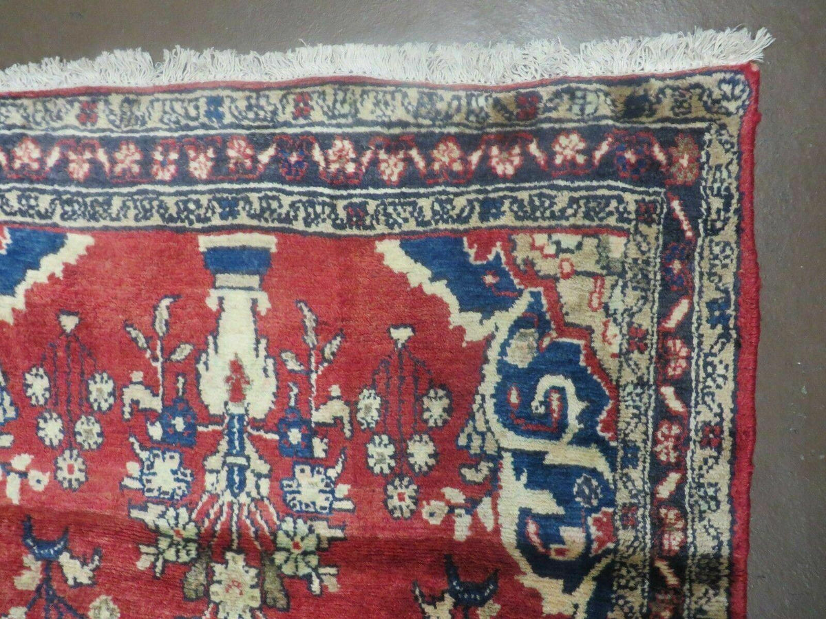 Persian Runner Rug 3 x 12, Antique Wool Oriental Runner, Floral Vases, Red & Navy Blue - Jewel Rugs, view 7