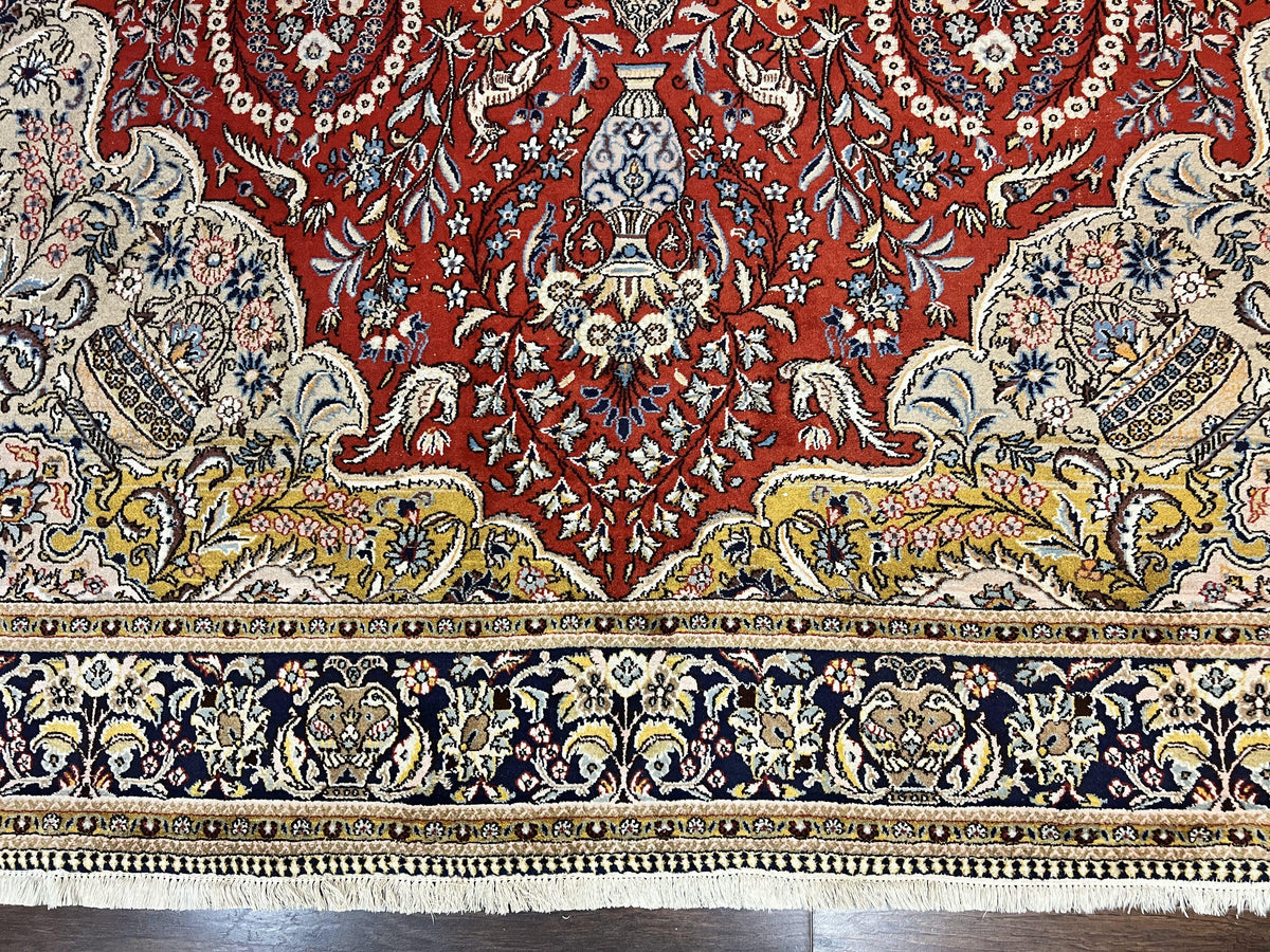Wonderful Persian Qum Rug 10x14, Wool w/ Silk Highlights, Hand Knotted Semi Antique Vintage Carpet, Red, Floral, Fine Weave, Birds Deer Pictorials - Jewel Rugs, view 5