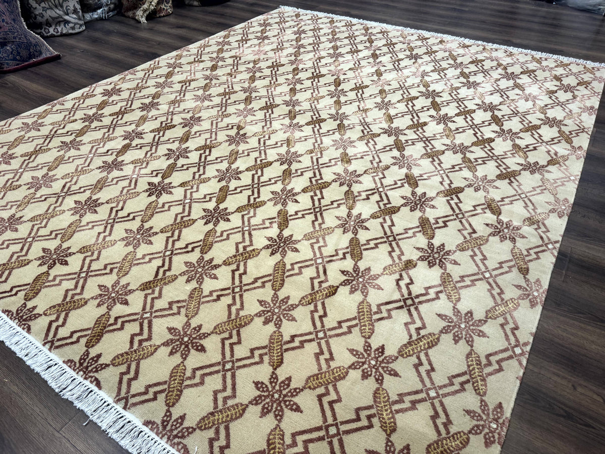 Tibetan Rug 8x10, Wool with Silk Highlights, Beige and Maroon, Contemporary Carpet - Jewel Rugs, view 3