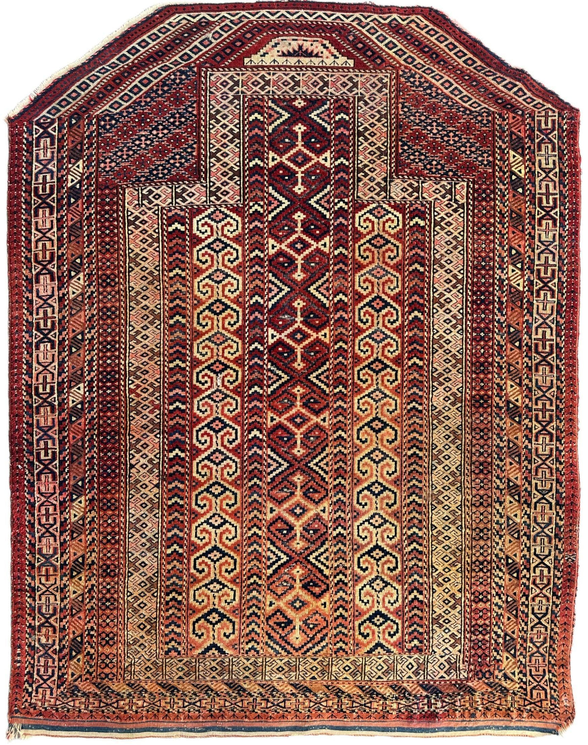 Antique Turkmen Prayer Rug 4x5 | Red, Ivory & Navy | Wool - Rugistan