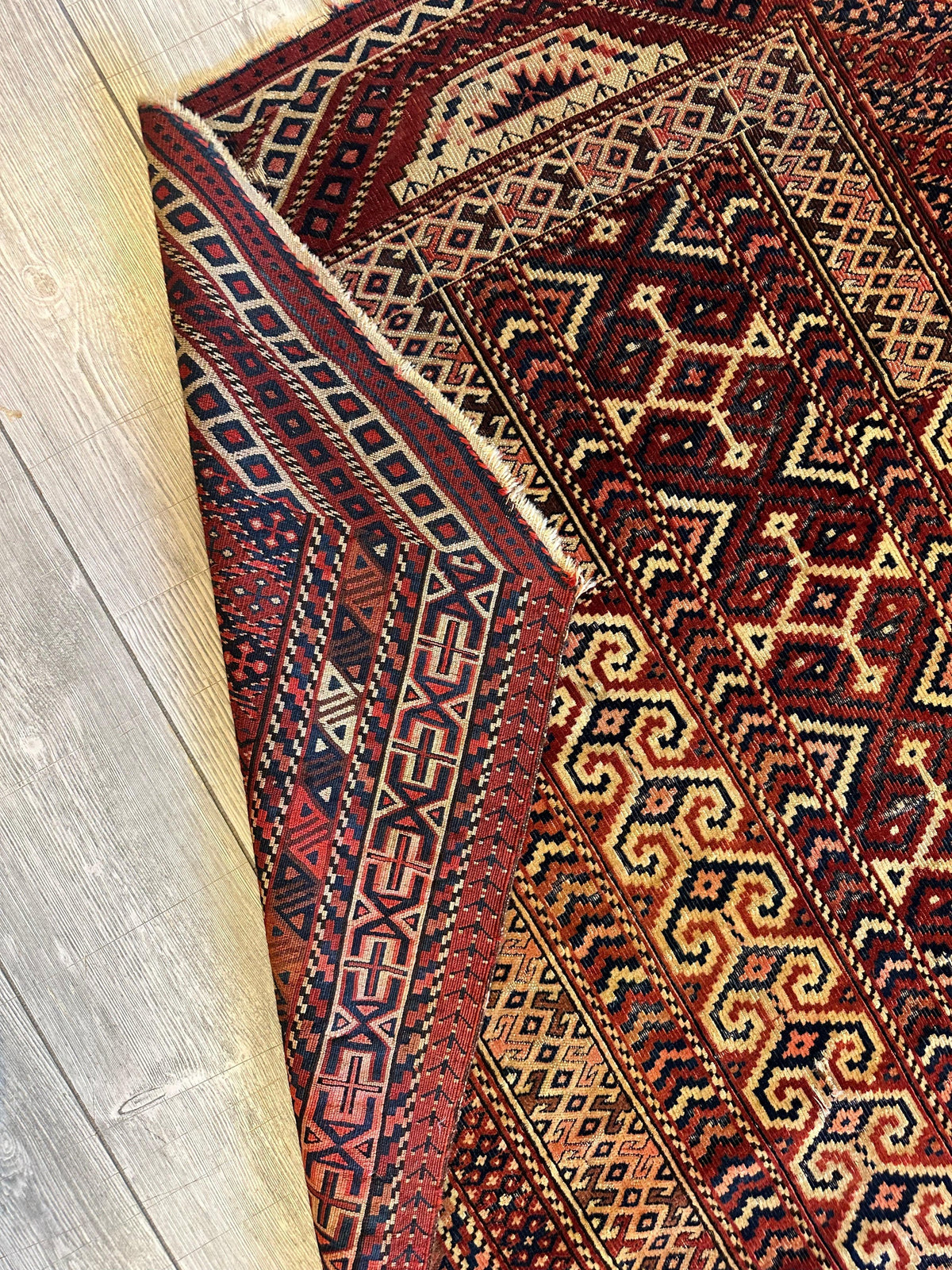 Antique Turkmen Prayer Rug 4x5 | Red, Ivory & Navy | Wool - Rugistan, view 2
