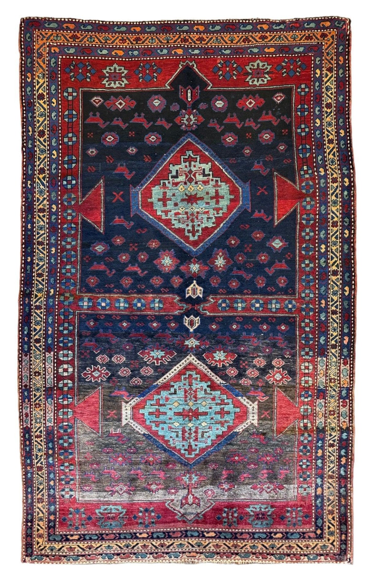 Antique Caucasian Kazak Rug 5x8 | Navy, Red & Light Blue | Hand-Knotted Wool - Rugistan, view 3