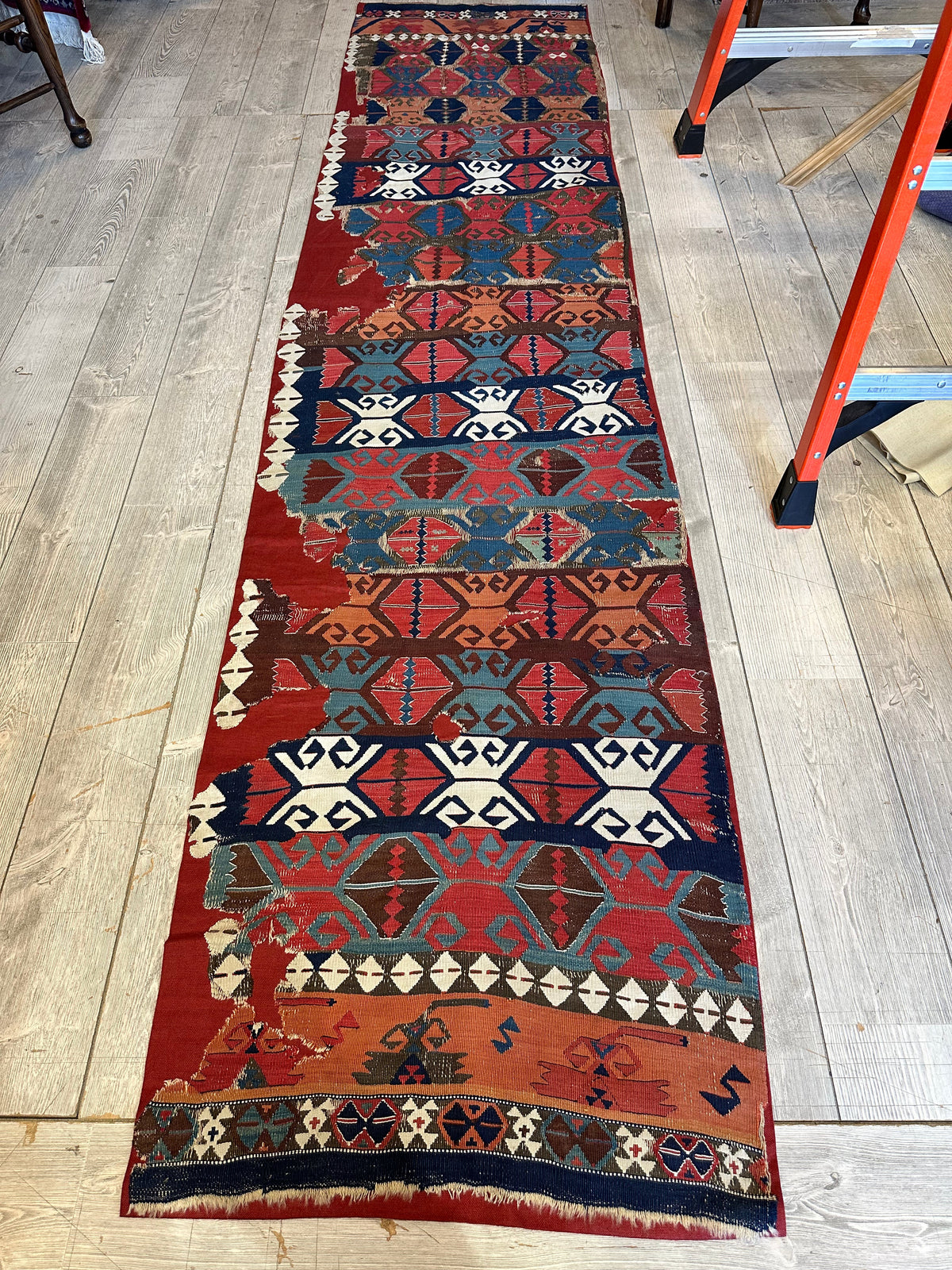Antique Turkish Kilim Runner 2x11 | Red, Navy & Blue | Hand-Woven Wool Flatweave - Rugistan, view 2
