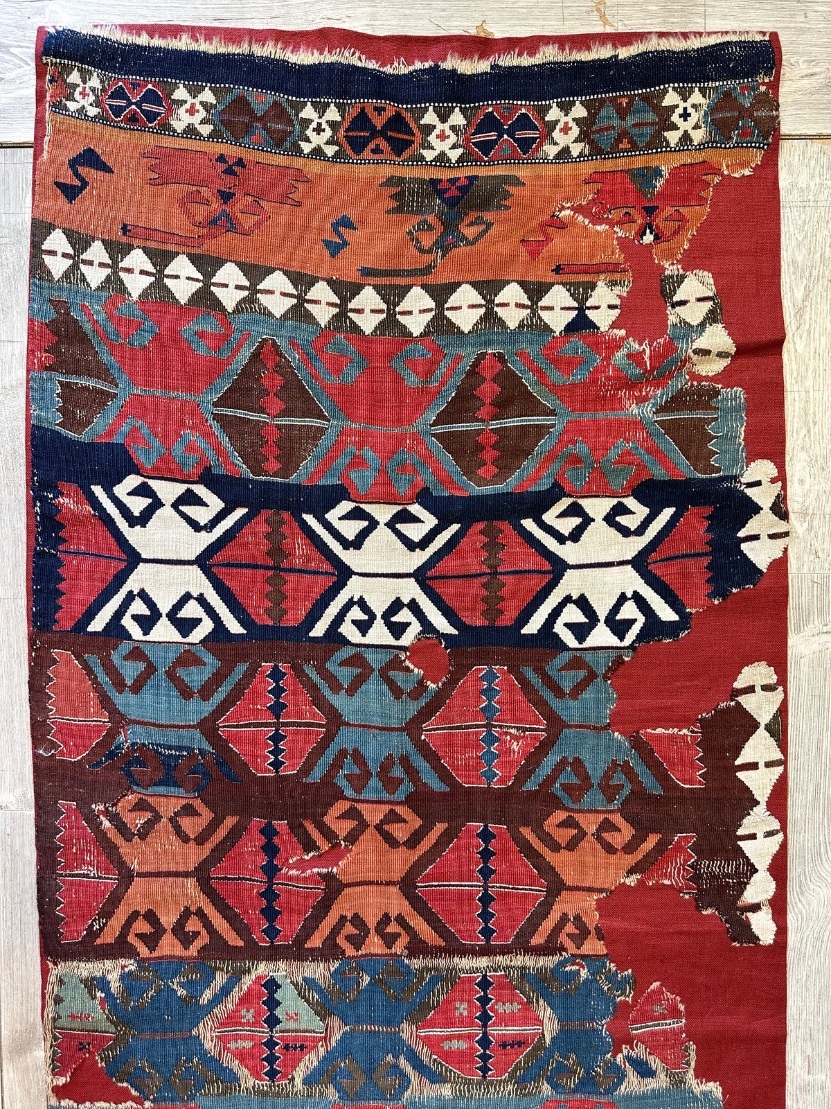 Antique Turkish Kilim Runner 2x11 | Red, Navy & Blue | Hand-Woven Wool Flatweave - Rugistan, view 3