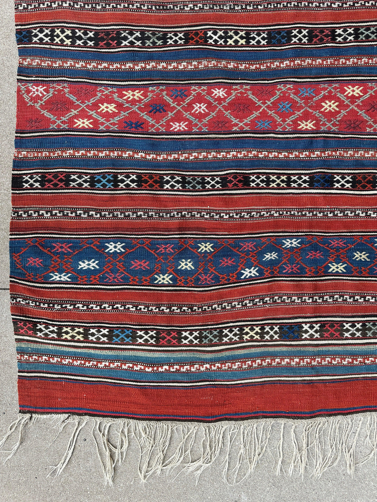 Antique Caucasian Shahsavan Rug 5x7 | Red, Navy & Blue | Hand-Woven Wool Flatweave - Rugistan, view 10