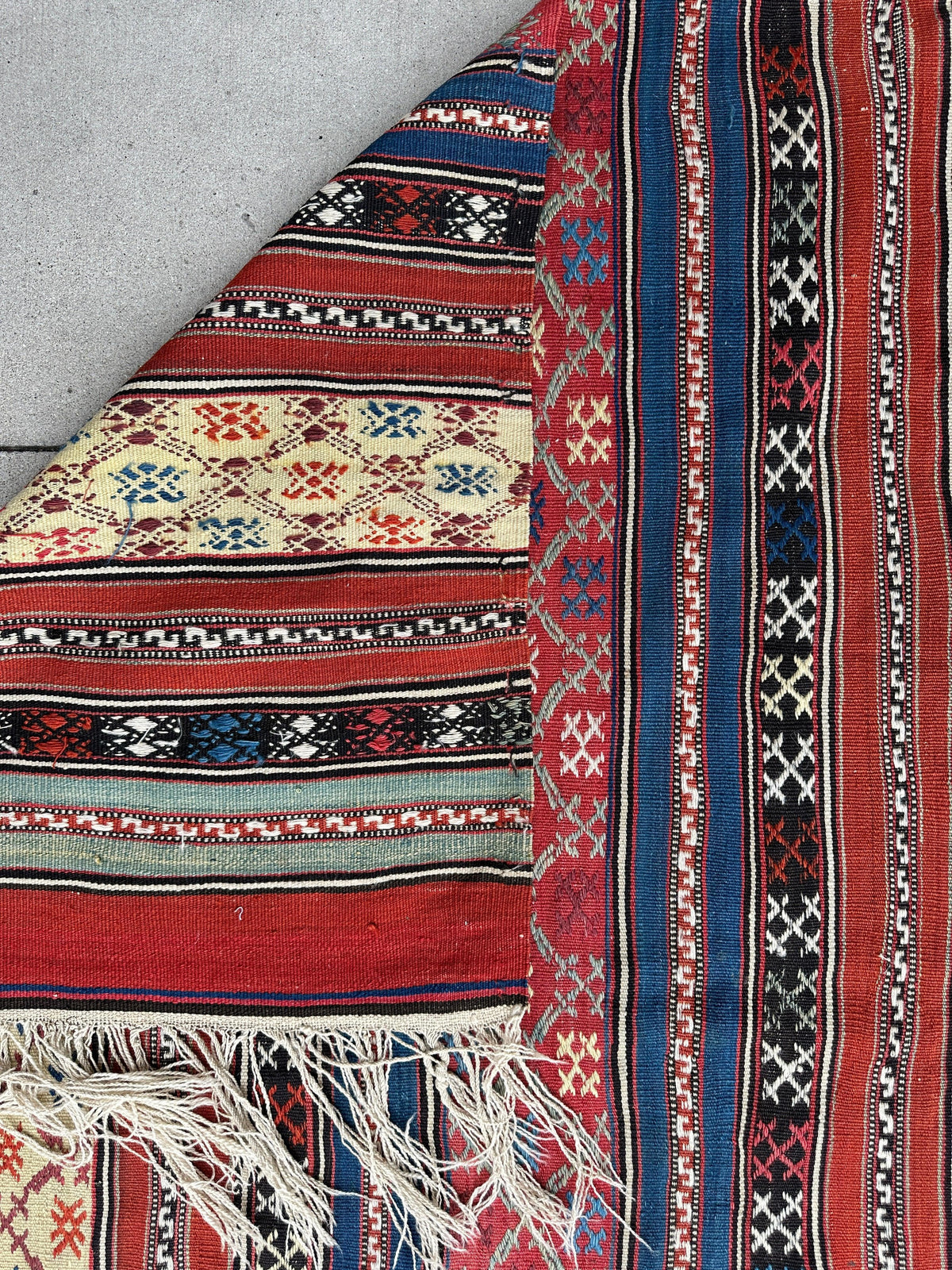 Antique Caucasian Shahsavan Rug 5x7 | Red, Navy & Blue | Hand-Woven Wool Flatweave - Rugistan, view 11