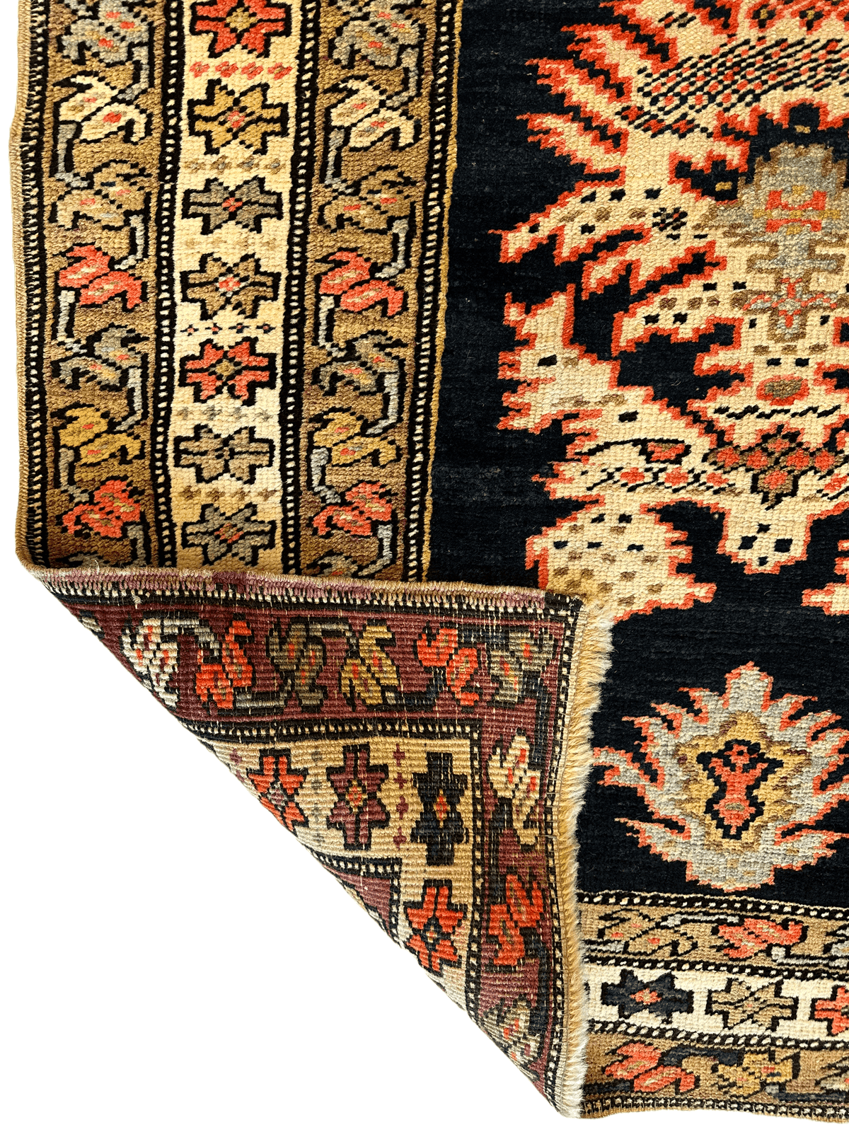 Antique Caucasian Rug 3x7 | Navy, Ivory & Gold | Hand-Knotted Wool - Rugistan, view 5