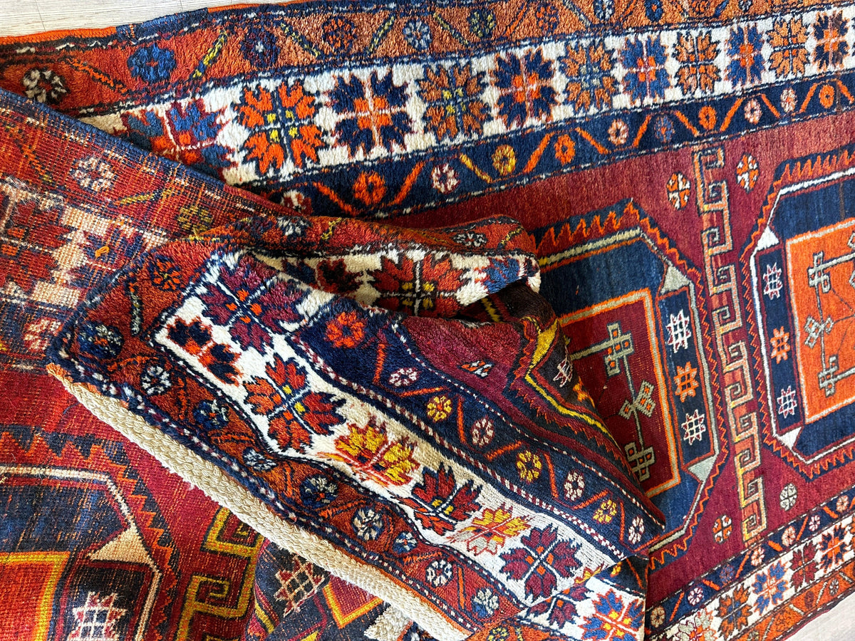 Vintage Persian Kurdish Runner 4x12 | Burgundy, Navy & Ivory | Hand-Knotted Wool - Rugistan, view 8