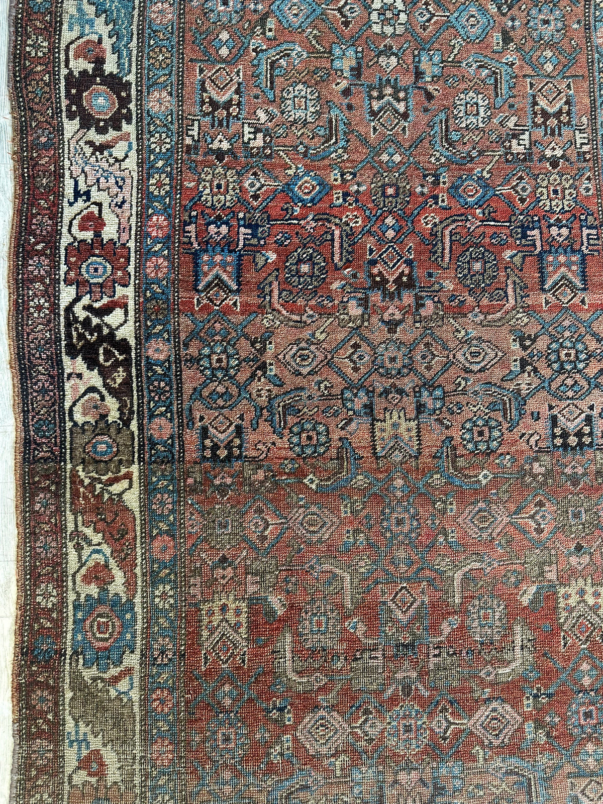 Antique Persian Hamadan Rug 4x7 | Rust, Ivory & Light Blue | Hand-Knotted Wool - Rugistan, view 11